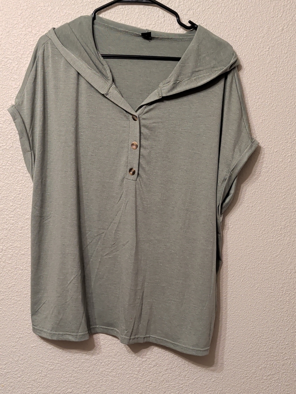 SHEIN Sage Green Hooded Short Sleeve Button-Front Top